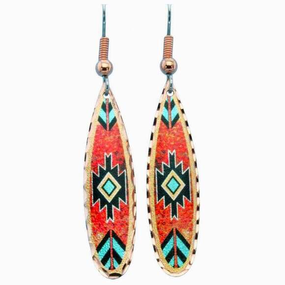 Boho Native American Navajo Red and Turquoise Copper Earrings, gift Box - Picture 2 of 8